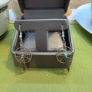 Dreamcatcher Dangle Earrings with Turquoise Stone Accent
